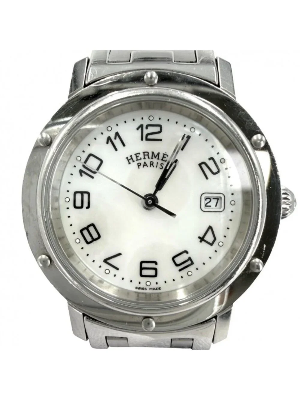 Hermes Watch Clipper Arabia Date SS White Dial Quartz Stainless Steel Shell
